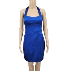 Cache Y2K Elegant Blue Satin Bodycon Halter Dress